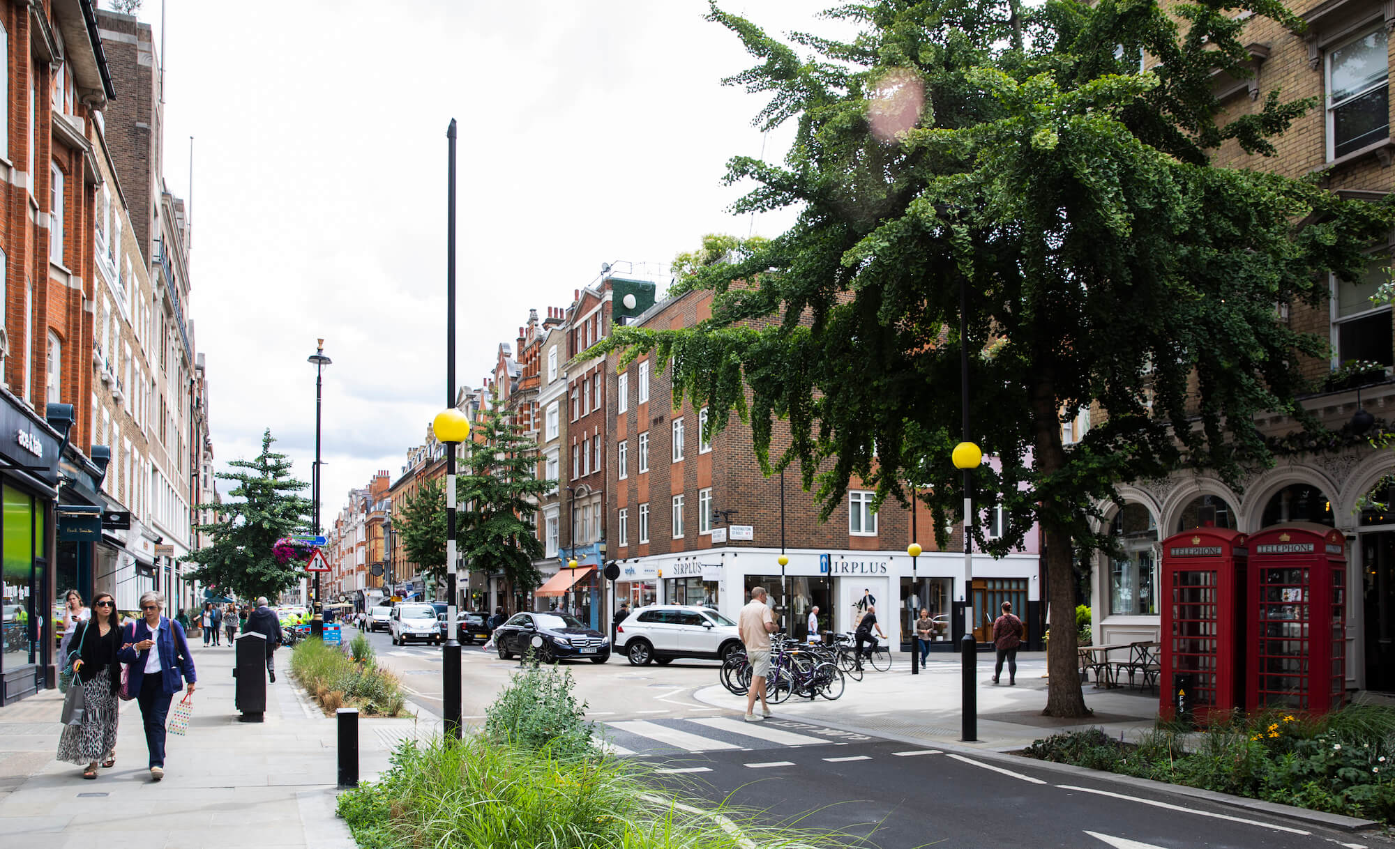 Image of a street in Marylebone, London with large trees and shops | Forrester Partners